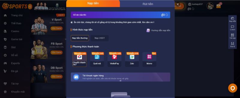 Các hình thức nạp tiền tại Vsport